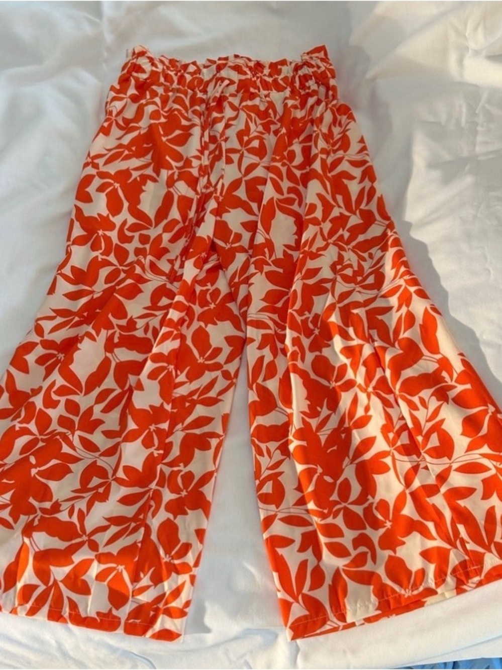 Orange and White Leaf Print Wide Leg Pants